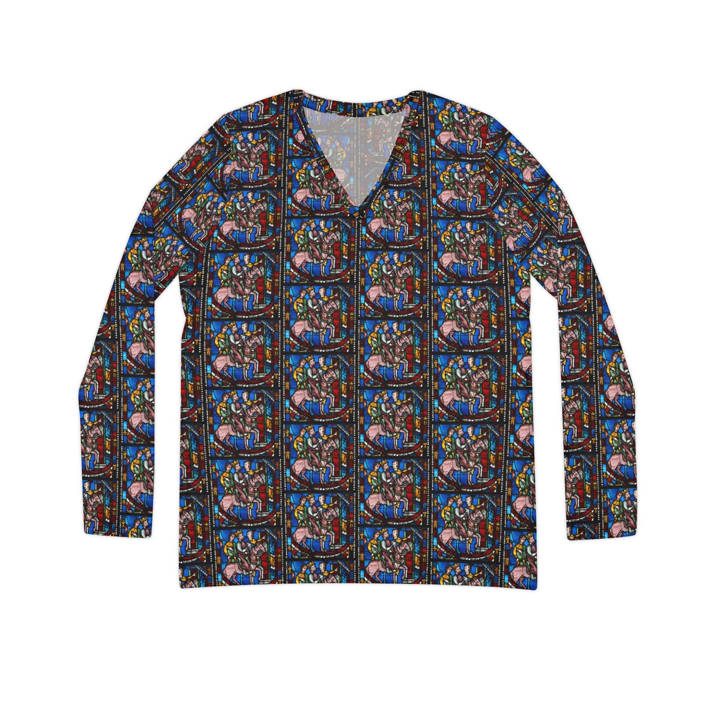 WOMEN'S LONG SLEEVE V-NECK SHIRT - Theodosius Arrives at Ephesus, Stained Glass, 1200