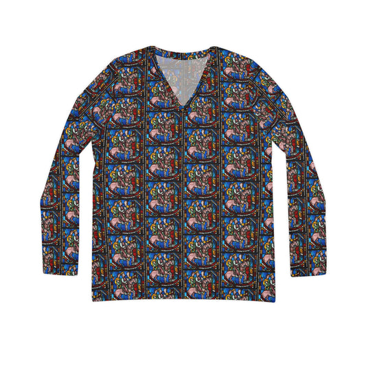 WOMEN'S LONG SLEEVE V-NECK SHIRT - Theodosius Arrives at Ephesus, Stained Glass, 1200