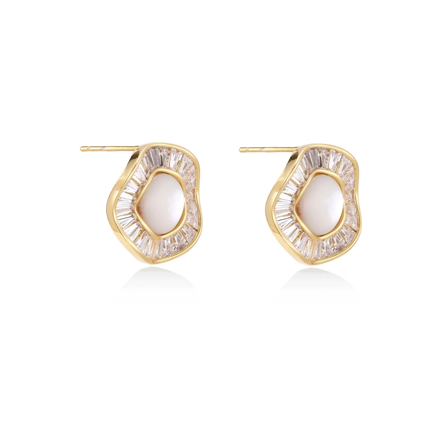 Gold-plated stud earrings with central freshwater pearl surrounded by radiating baguette crystals in sunburst design
