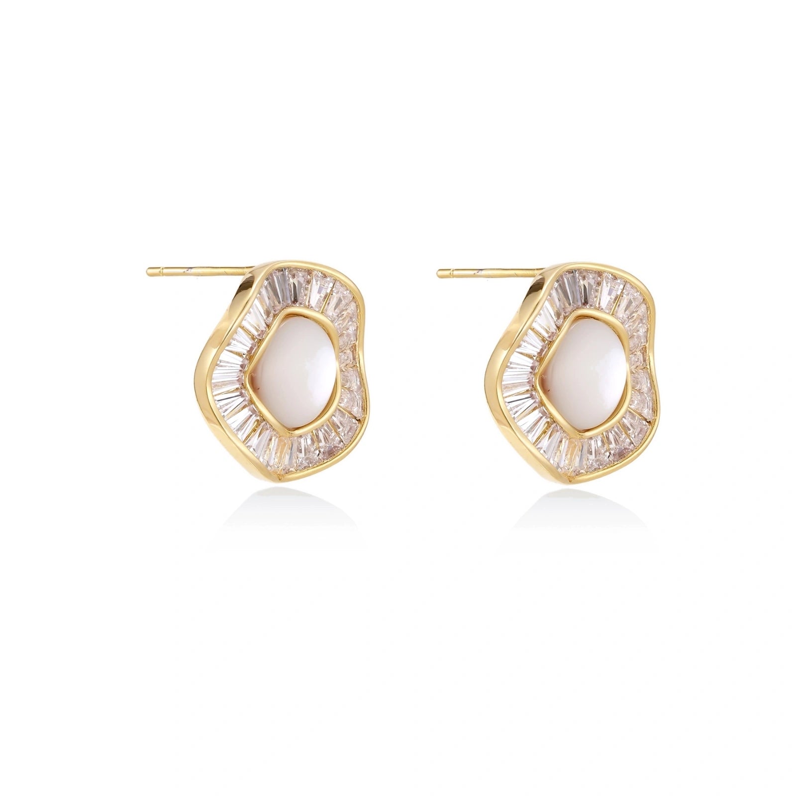 Gold-plated stud earrings with central freshwater pearl surrounded by radiating baguette crystals in sunburst design
