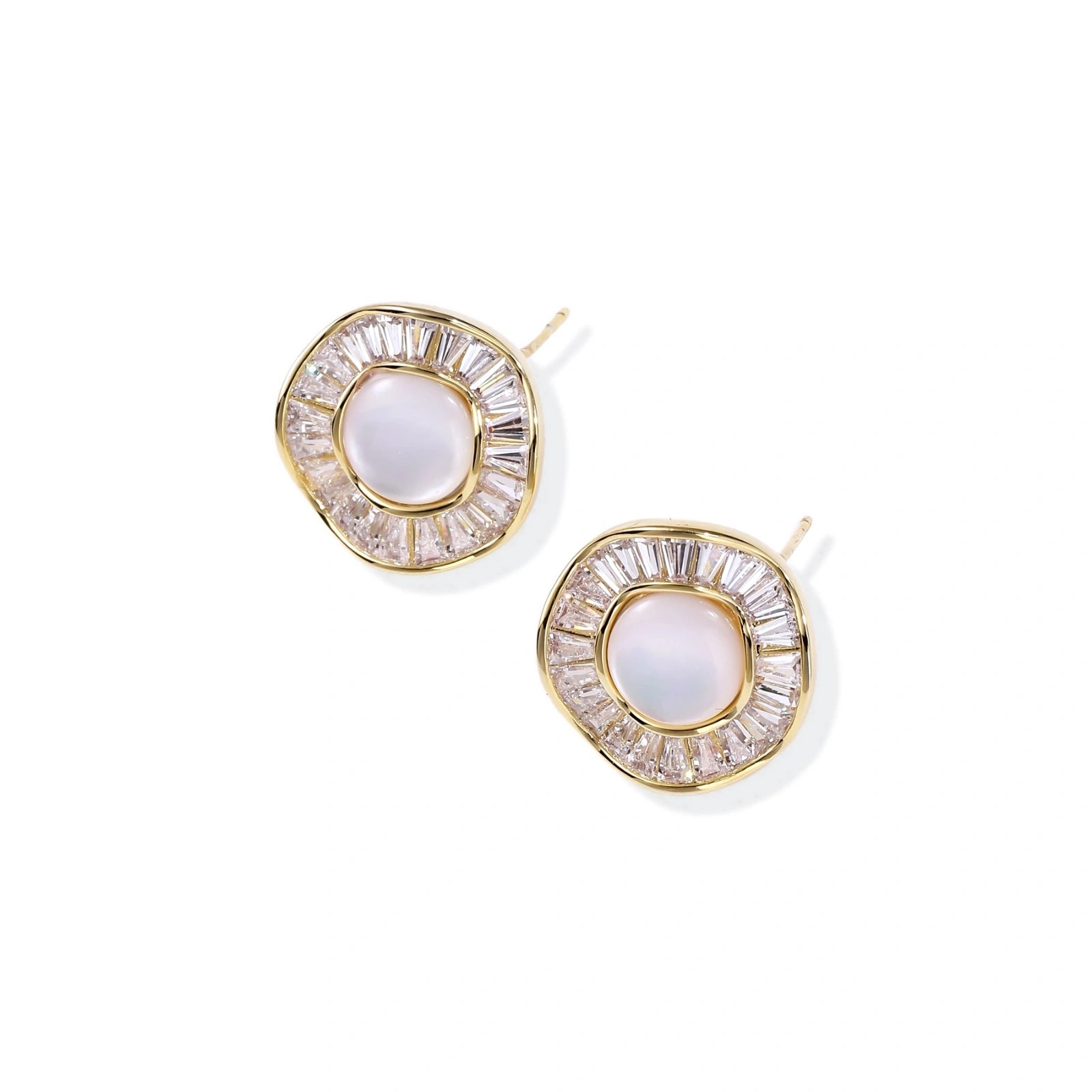 Gold-plated stud earrings with central freshwater pearl surrounded by radiating baguette crystals in sunburst design