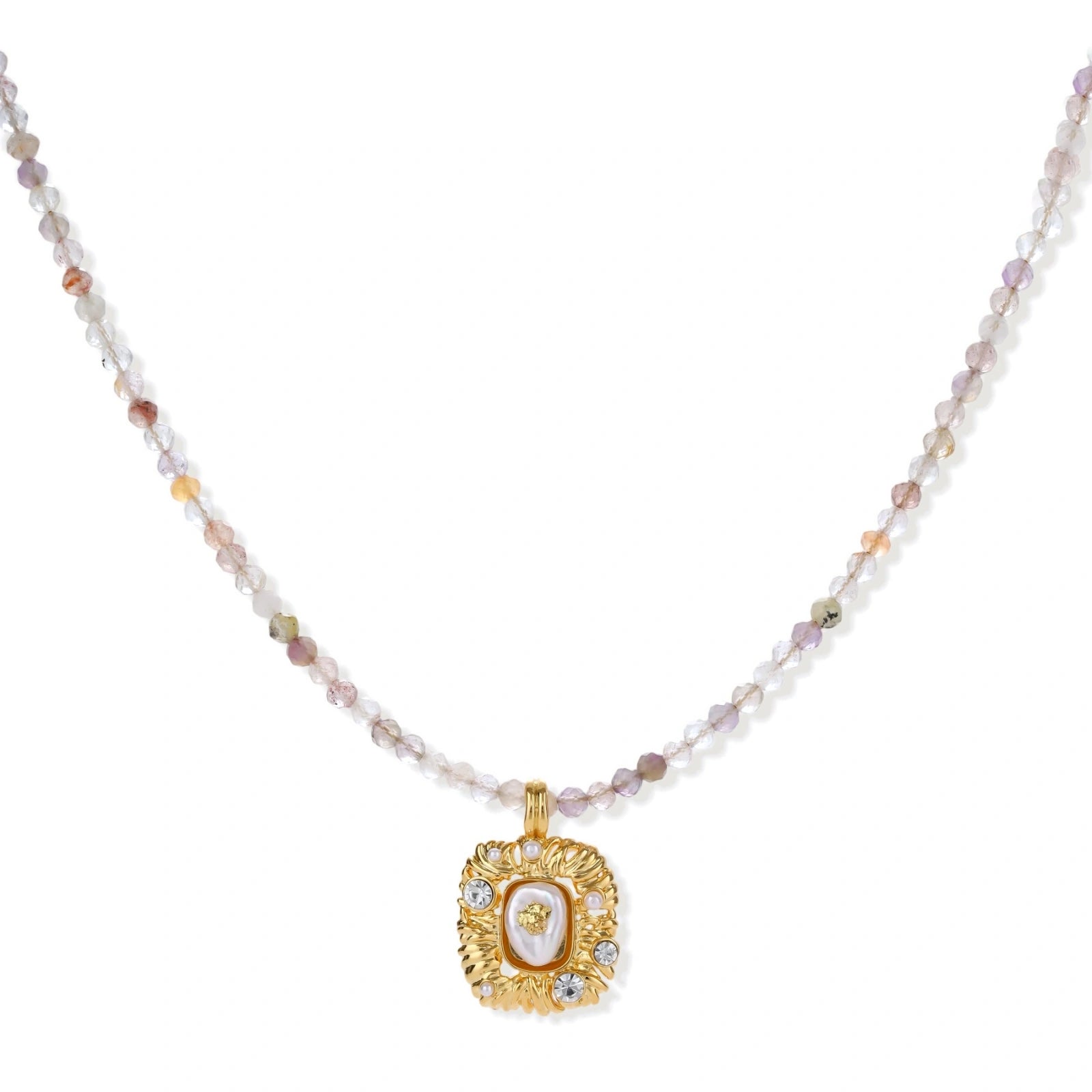 Ornate gold-plated pendant necklace with multicolored gemstone beads in purple, pink and clear tones on white background