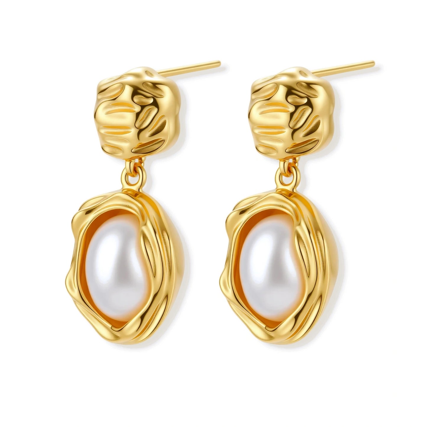 Gold-plated textured stud earrings with white freshwater pearl drops against cream background, showing organic rippled design