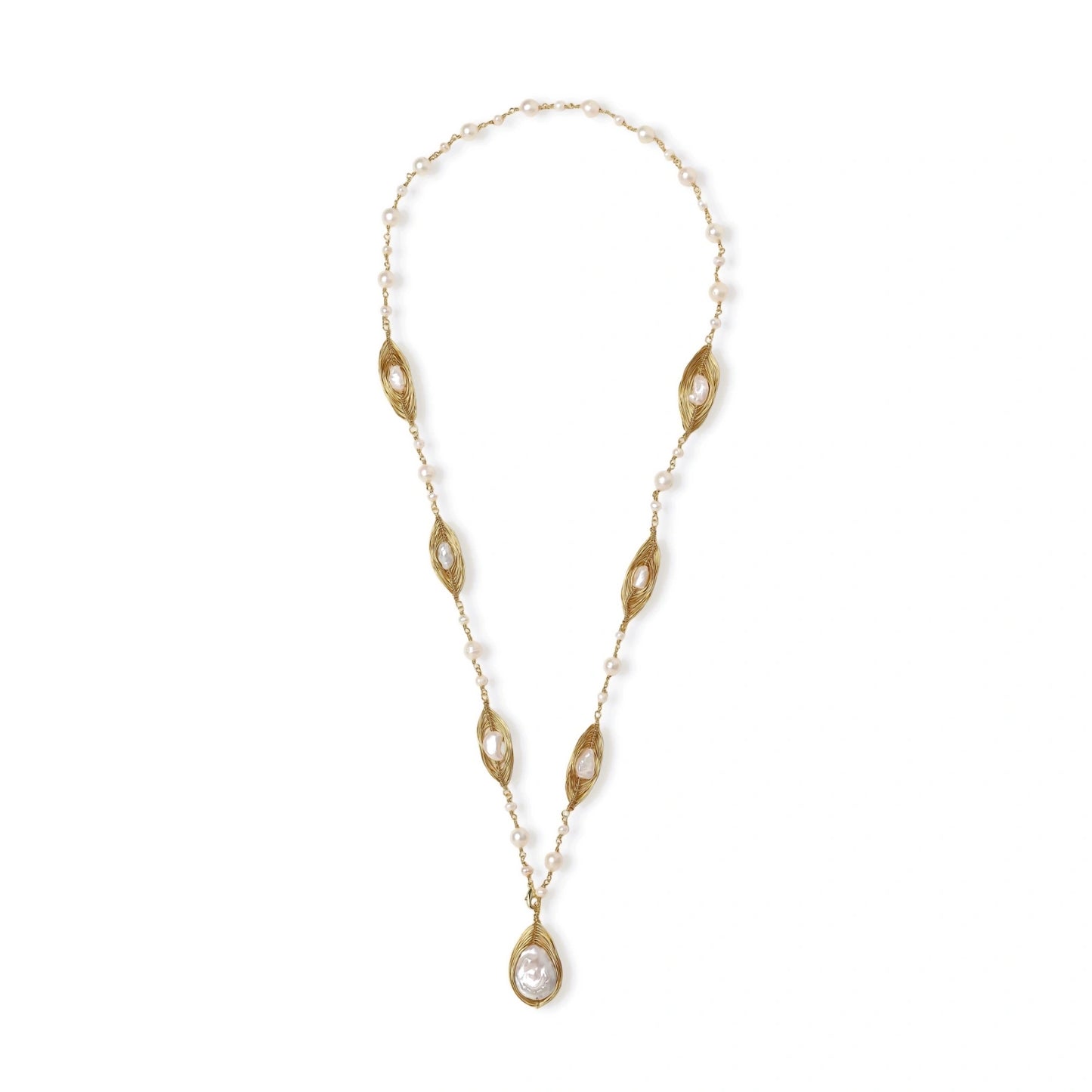 14K gold plated necklace with organic leaf motifs and freshwater pearls arranged in an elegant chain design on neutral background.