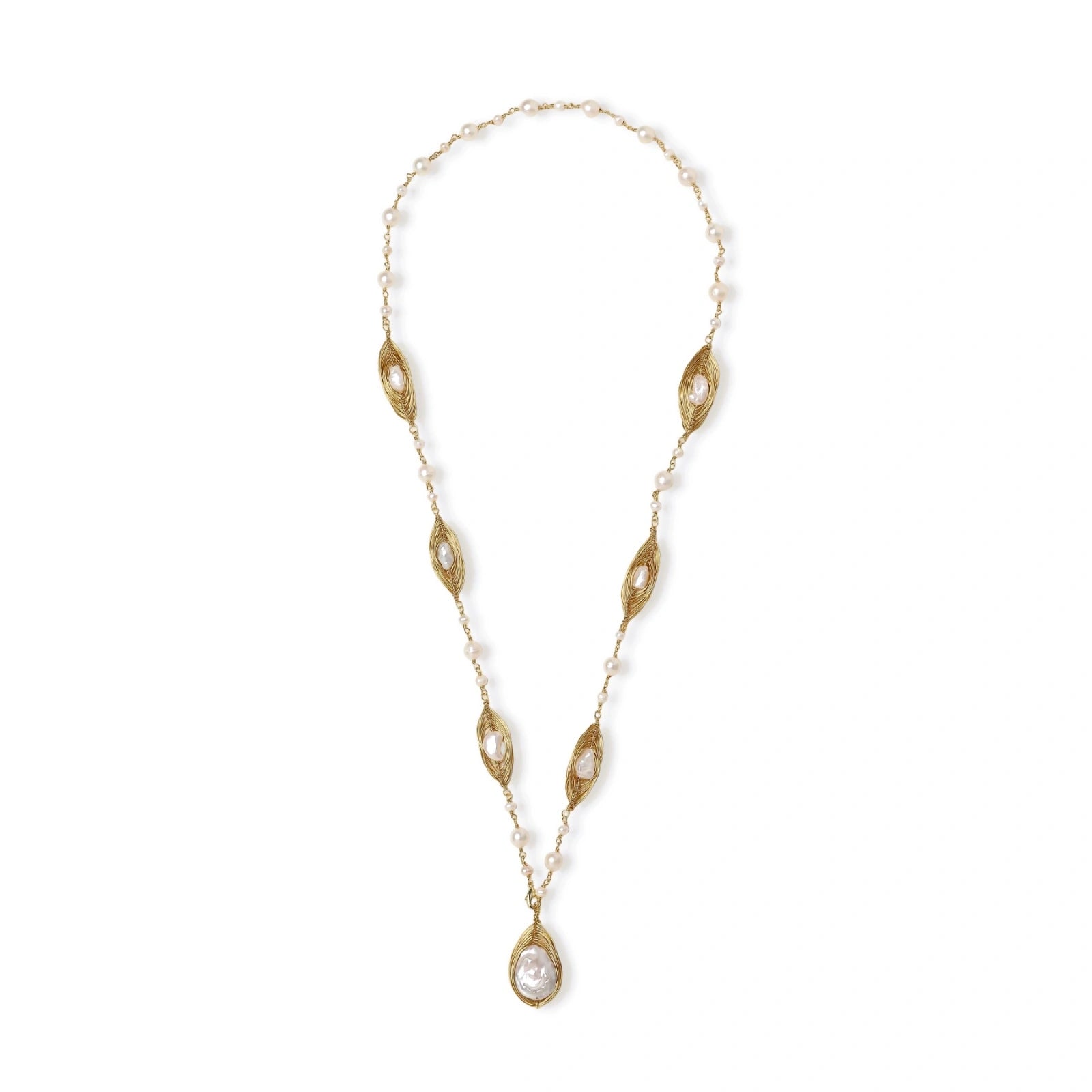 14K gold plated necklace with organic leaf motifs and freshwater pearls arranged in an elegant chain design on neutral background.