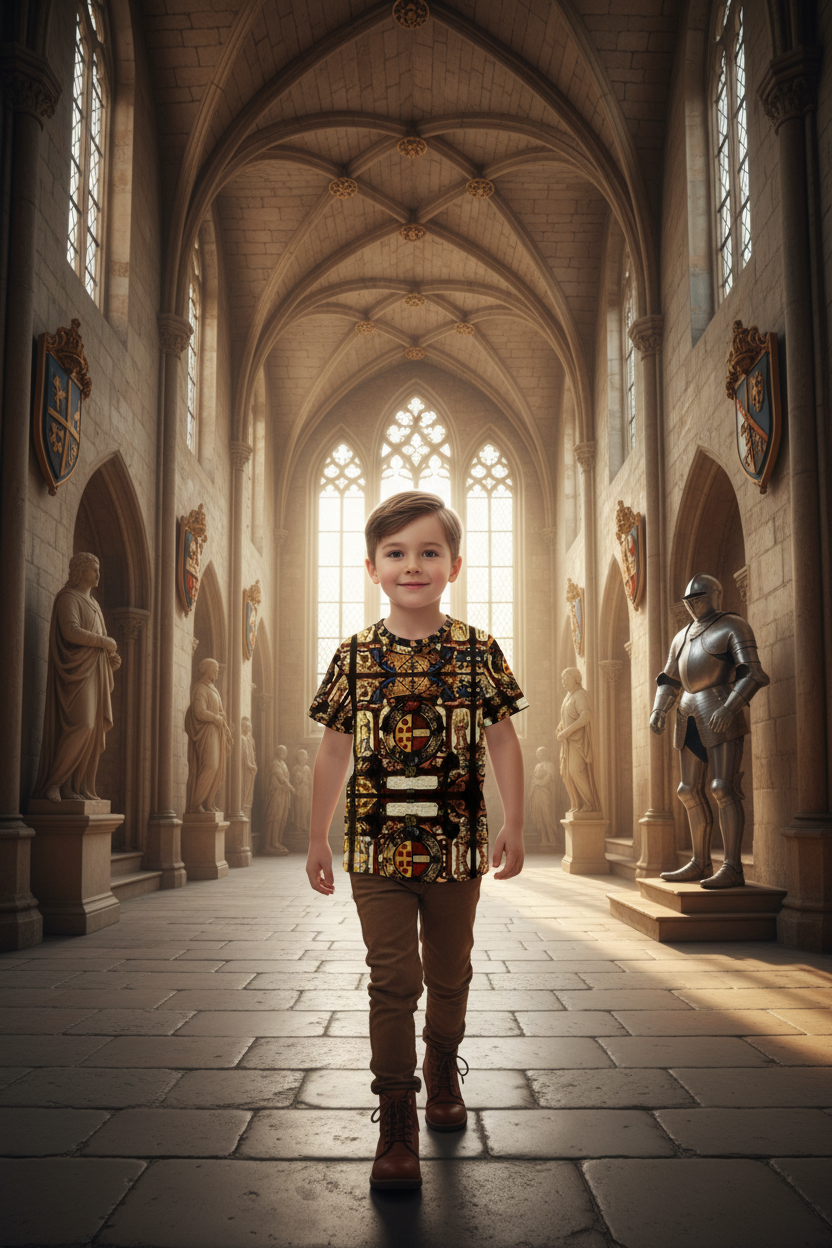5 year old boy walking towards camera in bright sunny castle with coats of arms, statues and suit of armor