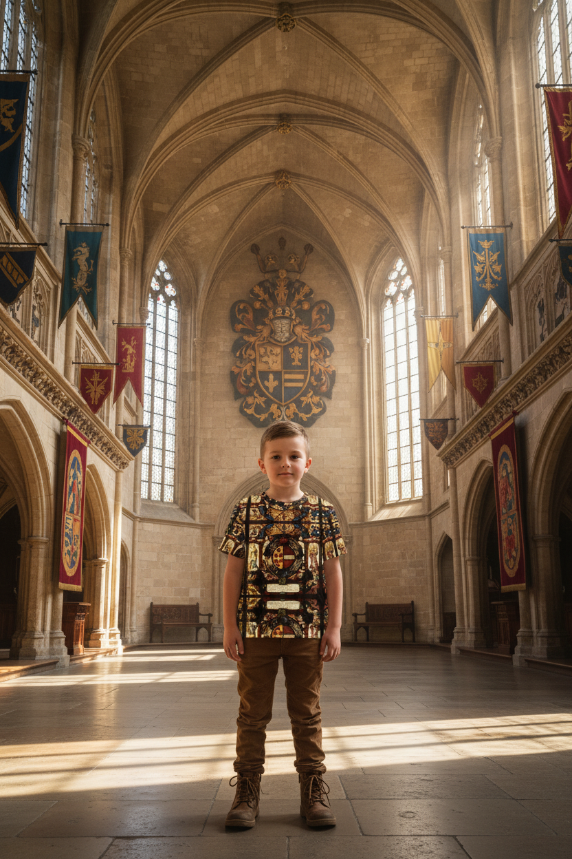 5 year old boy wearing Armorial Panel all-over print t-shirt with brown pants and boots in bright castle with coat of arms on wall