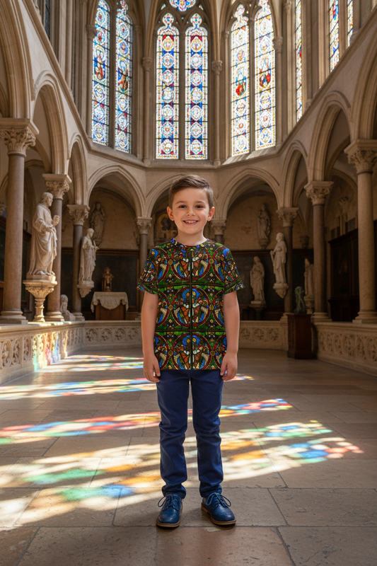 6 year old boy with untucked Angels Swinging Censurs t-shirt in bright Renaissance courtyard with stained glass and religious statues
