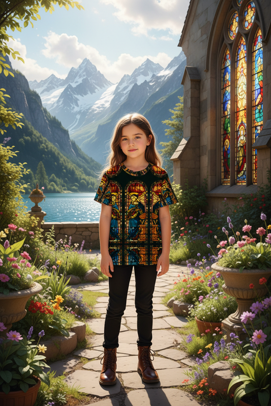 7 year old girl wearing Virgin Annunciate shirt with brown classy boots in garden courtyard overlooking mountains and lake