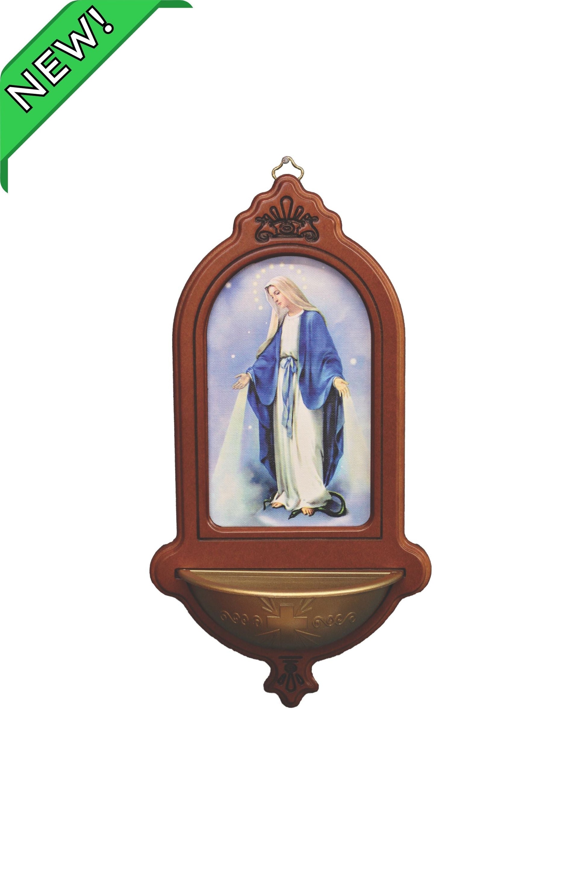 Lady of Grace Wood Holy Water Font 5.5x10"