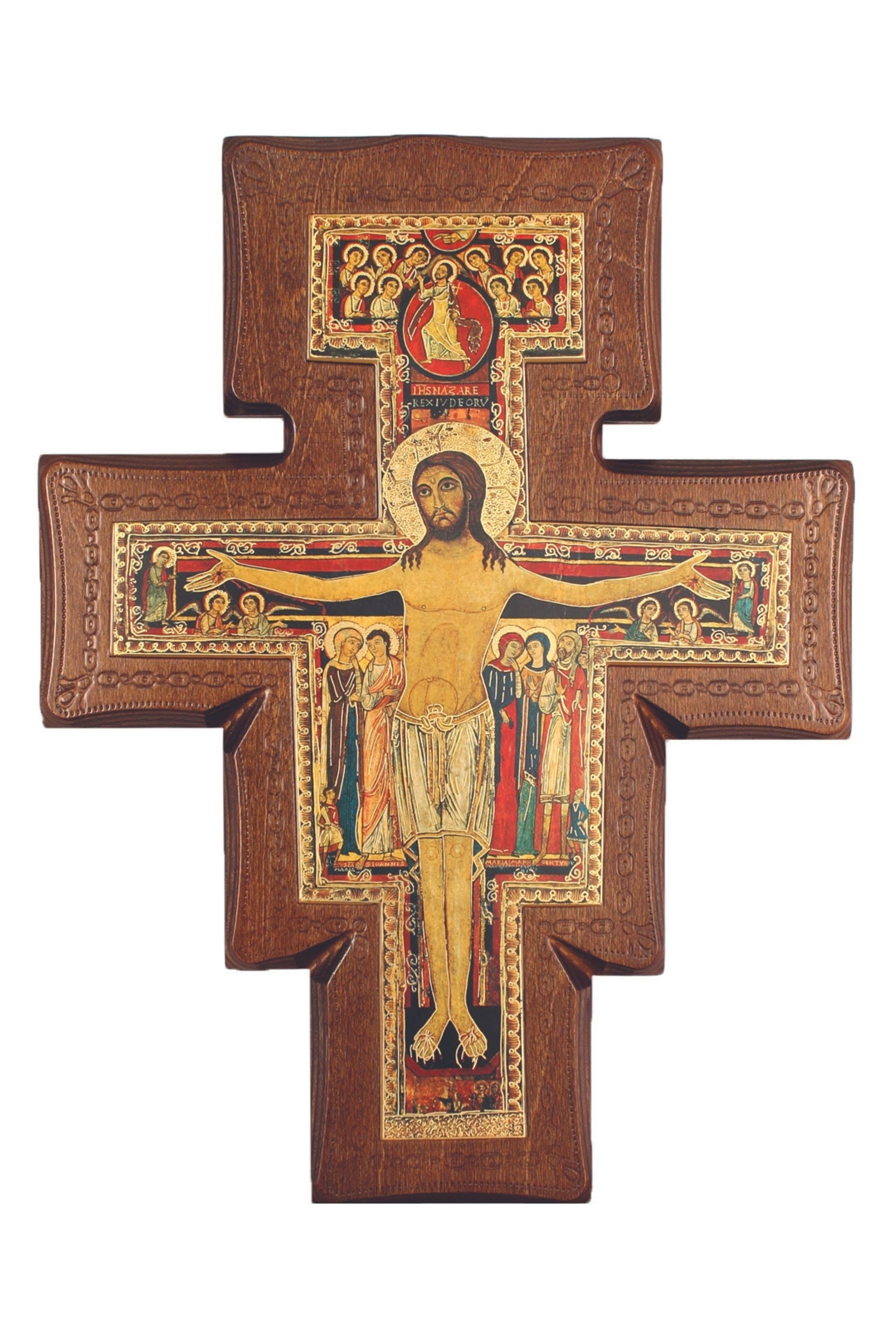 San Damiano Cross on Walnut Stained Boarder 11.5"