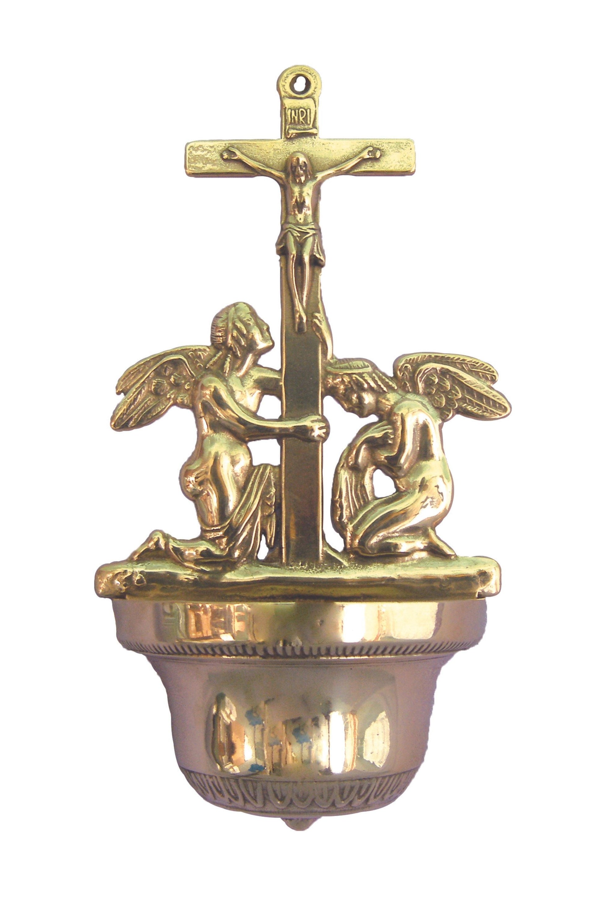 Crucifixion Font with Angels in Shiny Brass 12.25"