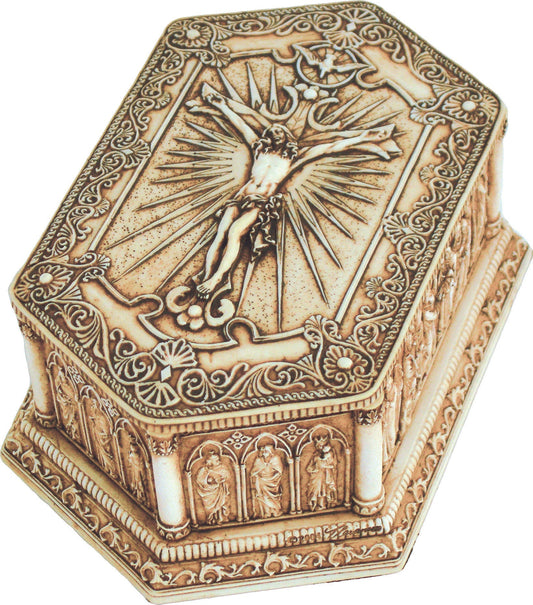 Crucifixion keepsake box in antique finish, 3.25x5.25x2"