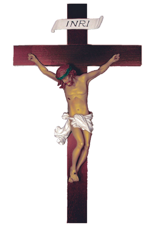 Crucifix in Hand-Painted Alabaster on a Wood Cross 14"