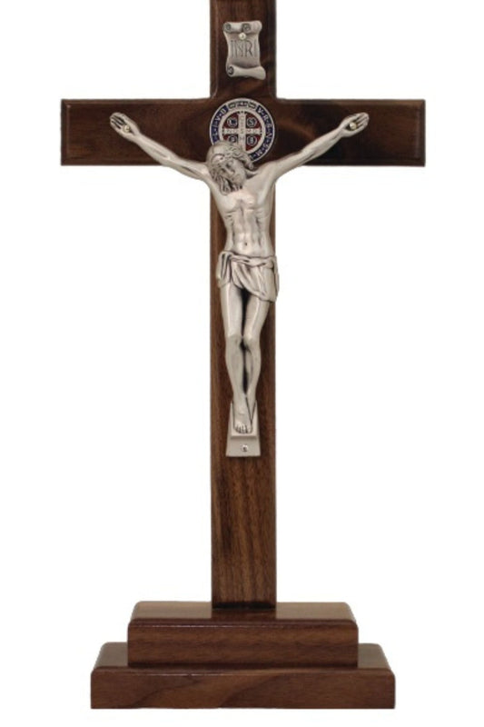 Standing Saint Benedict Crucifix in Wood/Pewter Style 13.5"