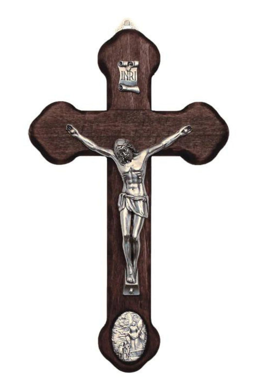 Wood Crucifix with Metal Corpus & Guardian Angel Medallion 8.75"