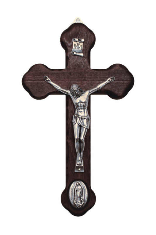 Wood Crucifix with Metal Corpus & Guadalupe Medallion 8.75"