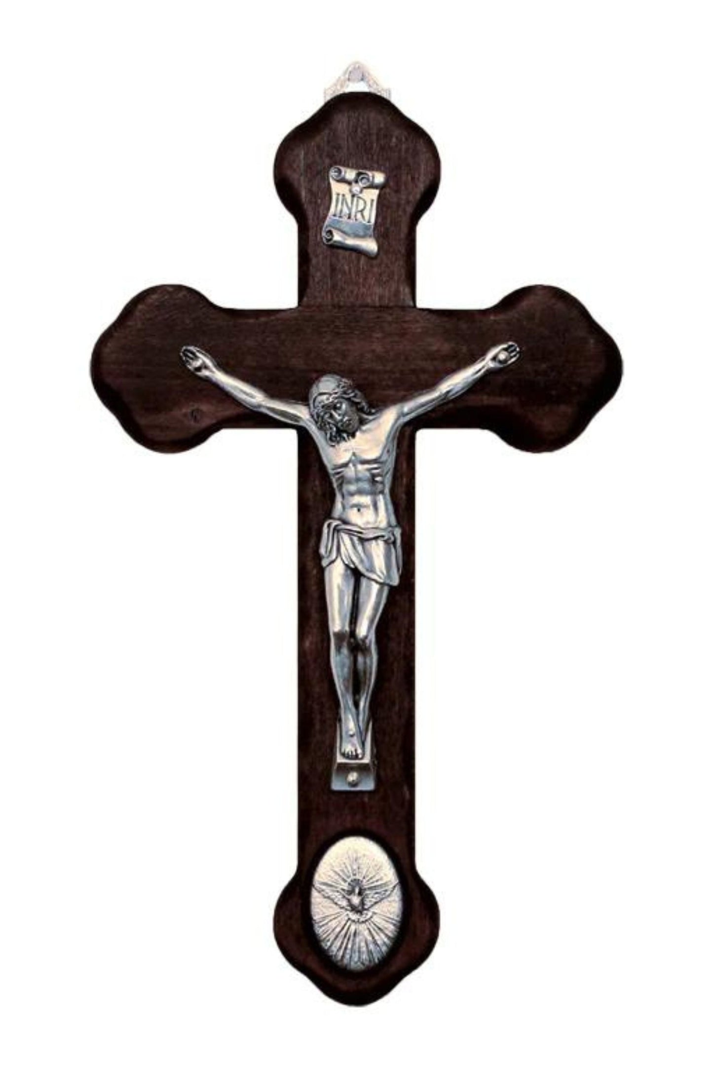 Wood Crucifix with Metal Corpus & Holy Spirit Medallion 8.75"