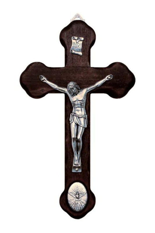 Wood Crucifix with Metal Corpus & Holy Spirit Medallion 8.75"
