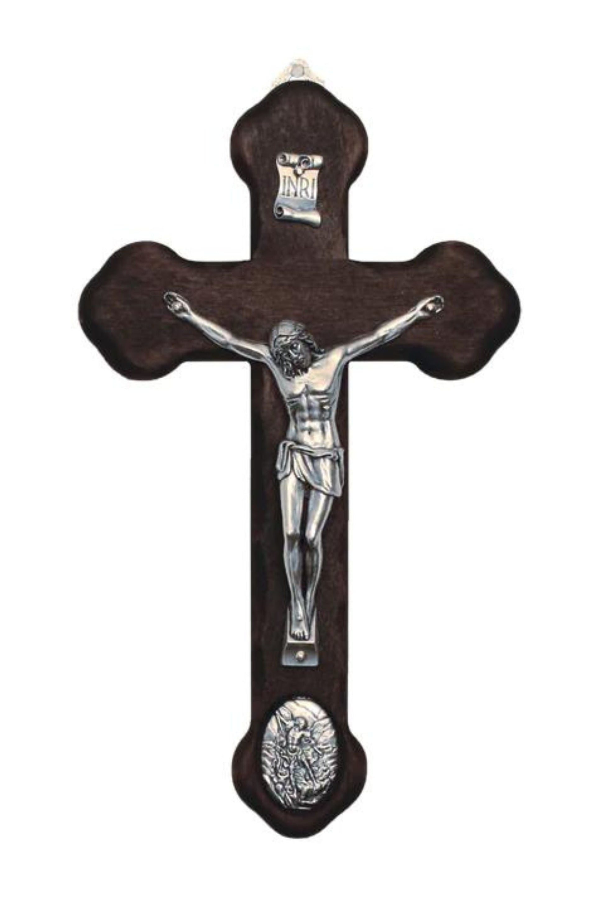 Wood Crucifix with Metal Corpus & Saint Michael Medallion 8.75"