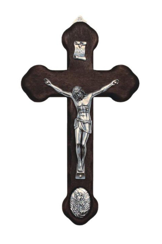 Wood Crucifix with Metal Corpus & Saint Michael Medallion 8.75"