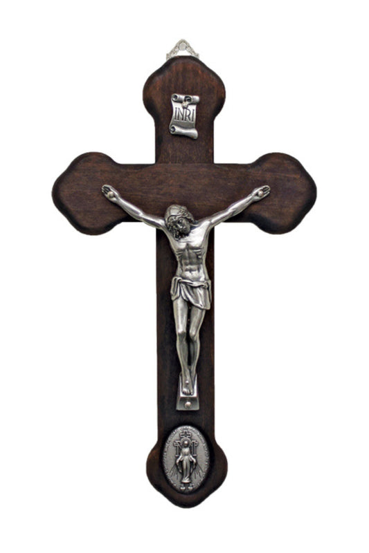 Wood Crucifix with Metal Corpus & Miraculous Medal Medallion 8.75