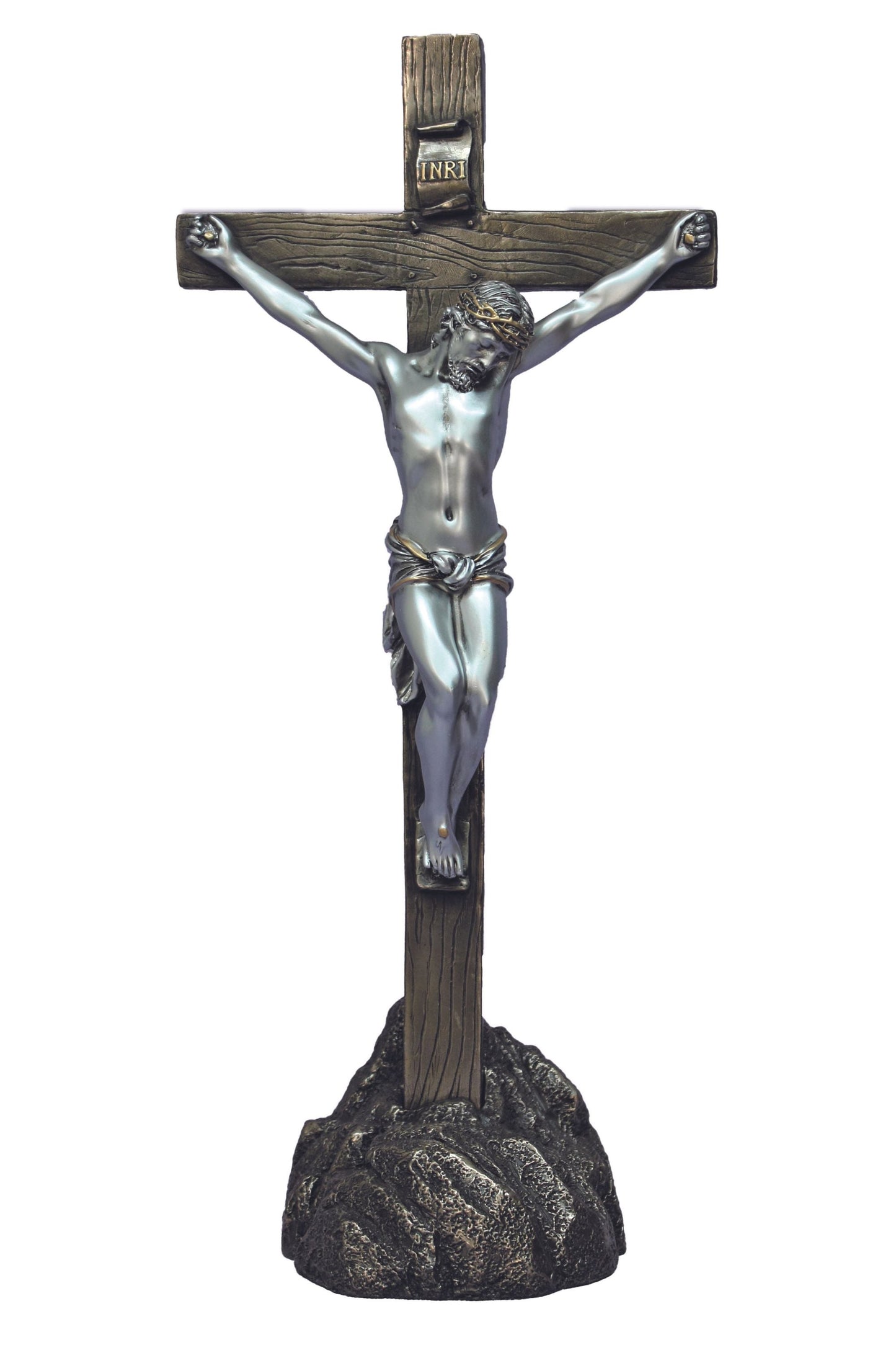 Crucifix on Rock Cold Cast Bronze/Pewter Style 13"