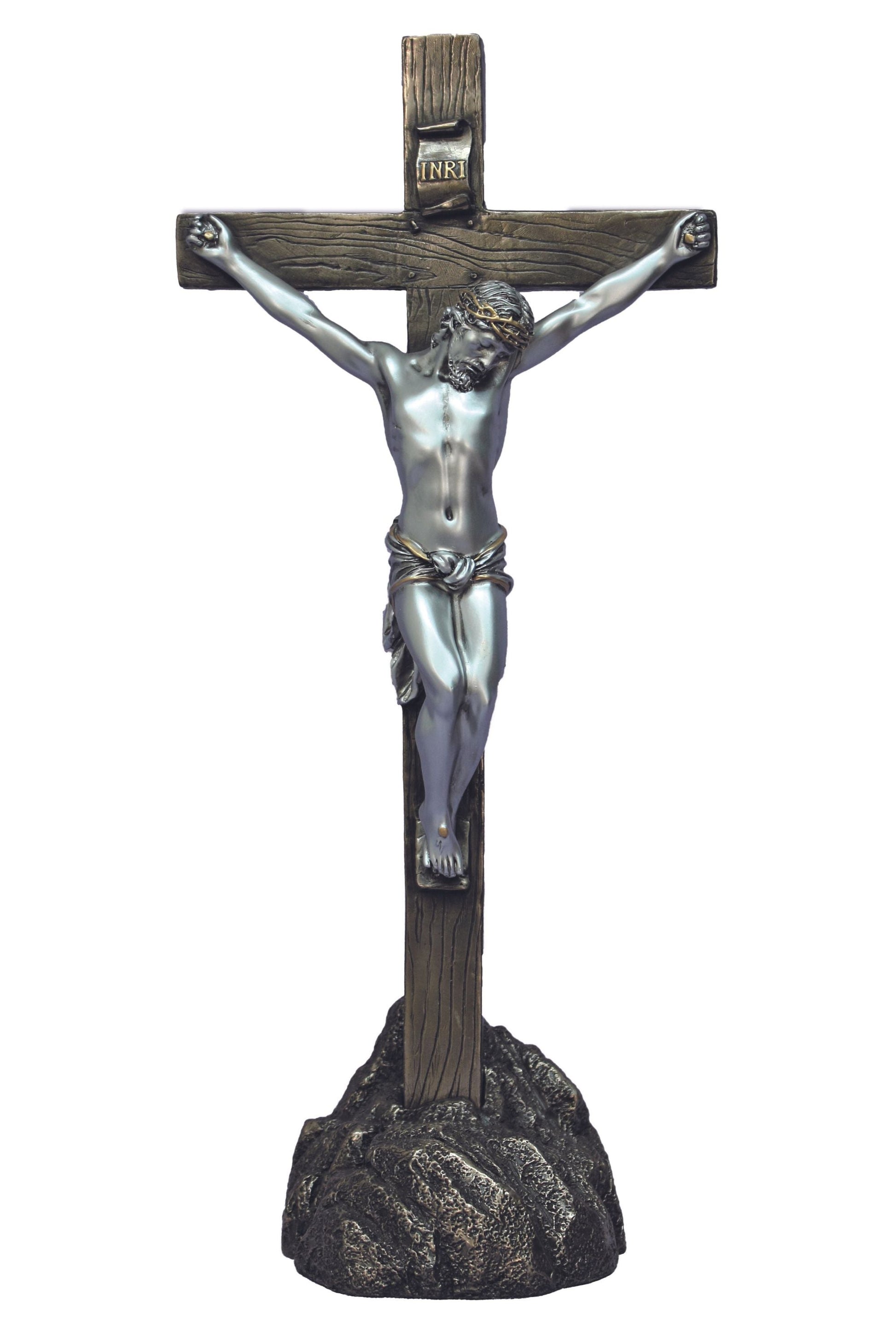Crucifix on Rock Cold Cast Bronze/Pewter Style 13"