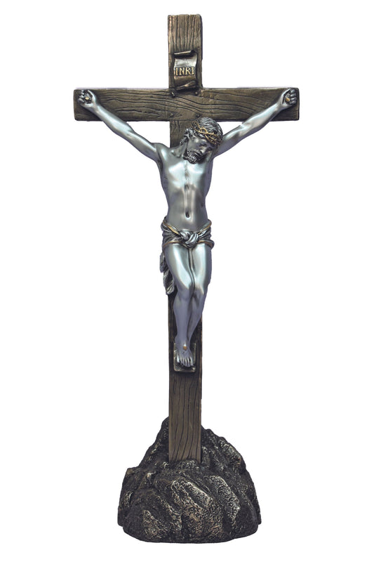 Crucifix on Rock Cold Cast Bronze/Pewter Style 13"