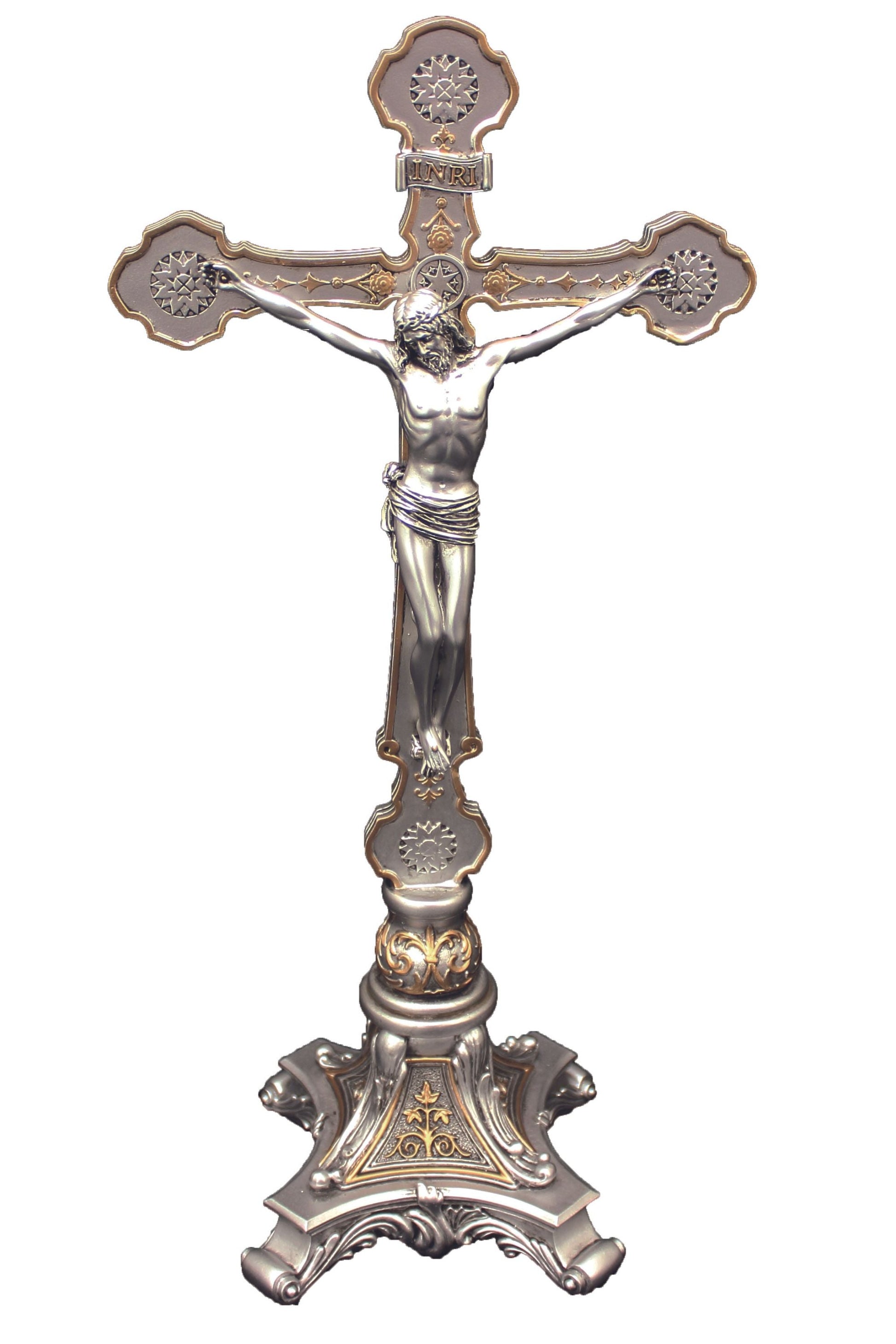 Ornate Standing Crucifix in Pewter Style 13"