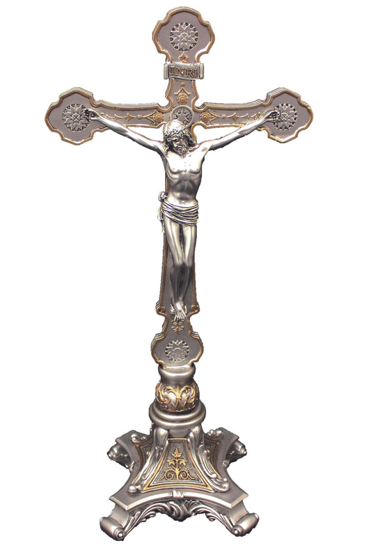 Ornate Standing Crucifix in Pewter Style 13"