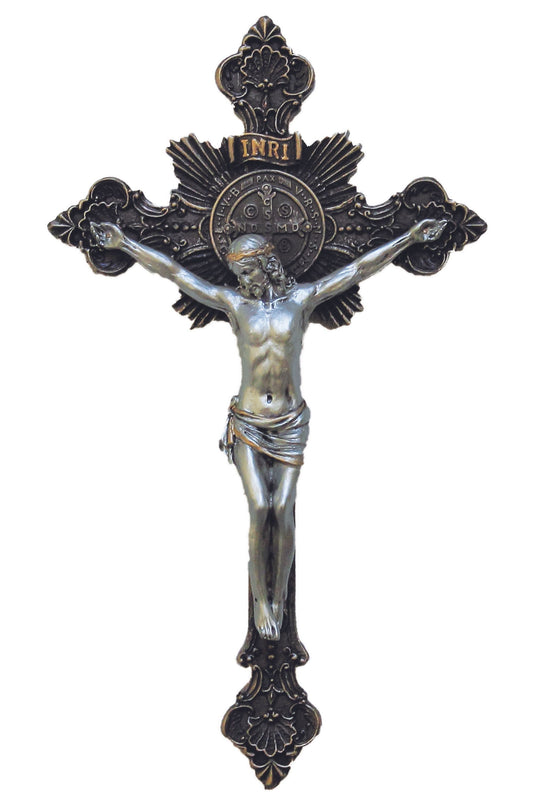 St. Benedict Crucifix Cold Cast Bronze/Pewter Style 14"