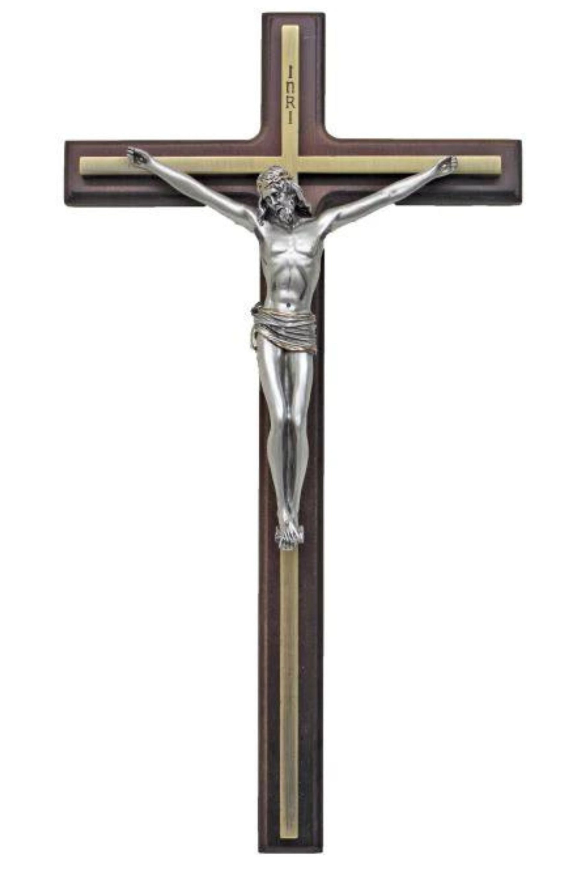 Wood Crucifix with Pewter Style Corpus/Gold Color Trim 10.5"