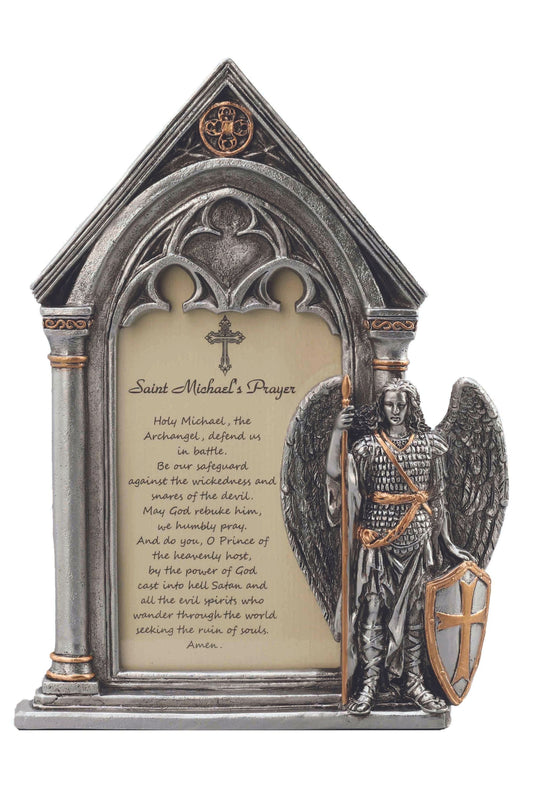 St. Michael Prayer Frame Stands/Hangs in Pewter Style Finish 7.5x5.5"