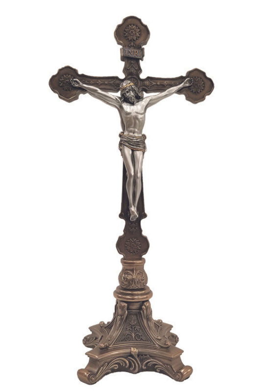 Standing Double Sided Crucifix in Two Tone Pewter Style Corpus 12.5"