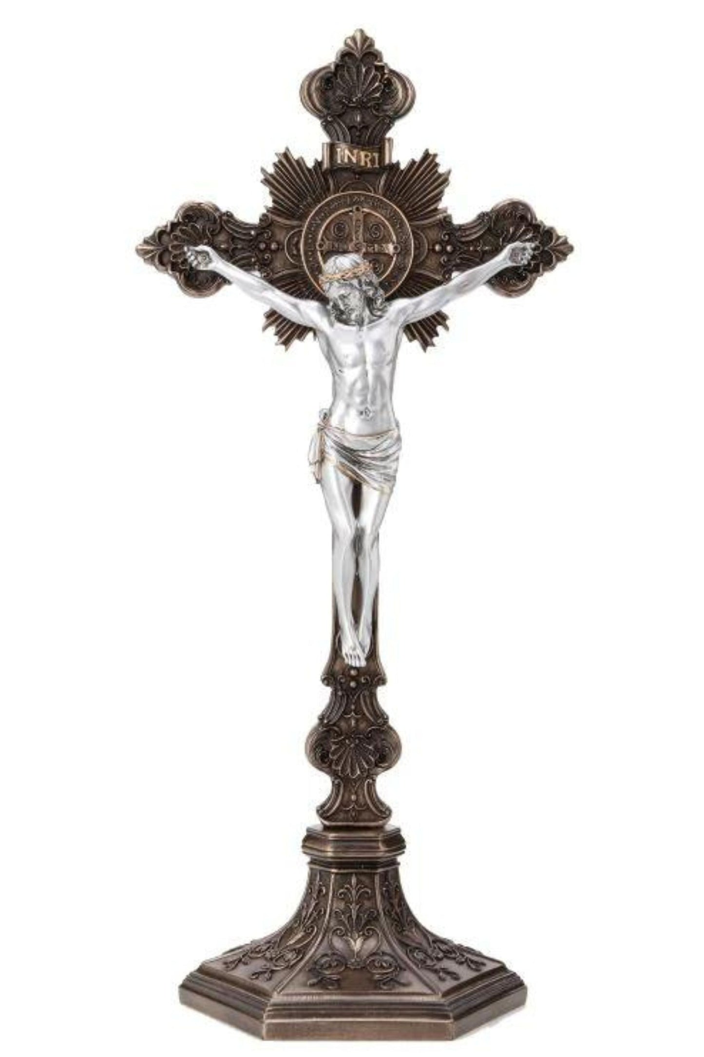 Standing Saint Benedict Crucifix Cold Cast Bronze/Pewter Style 17"/15.5"