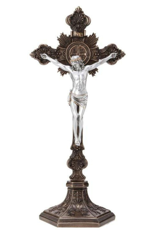 Standing Saint Benedict Crucifix Cold Cast Bronze/Pewter Style 17"/15.5"