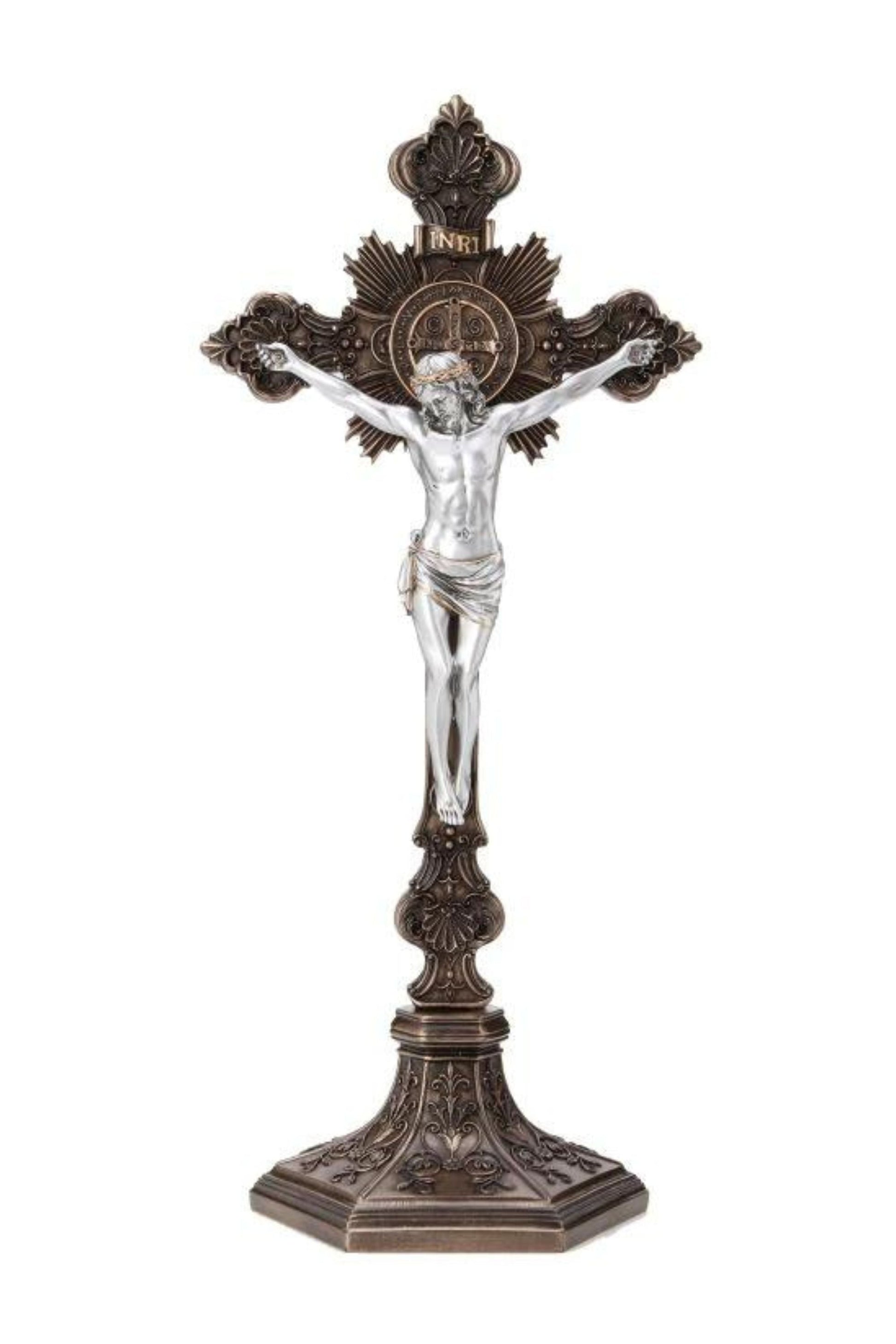 Standing Saint Benedict Crucifix Cold Cast Bronze/Pewter Style  9.5"