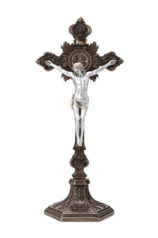 Standing Saint Benedict Crucifix Cold Cast Bronze/Pewter Style  9.5"