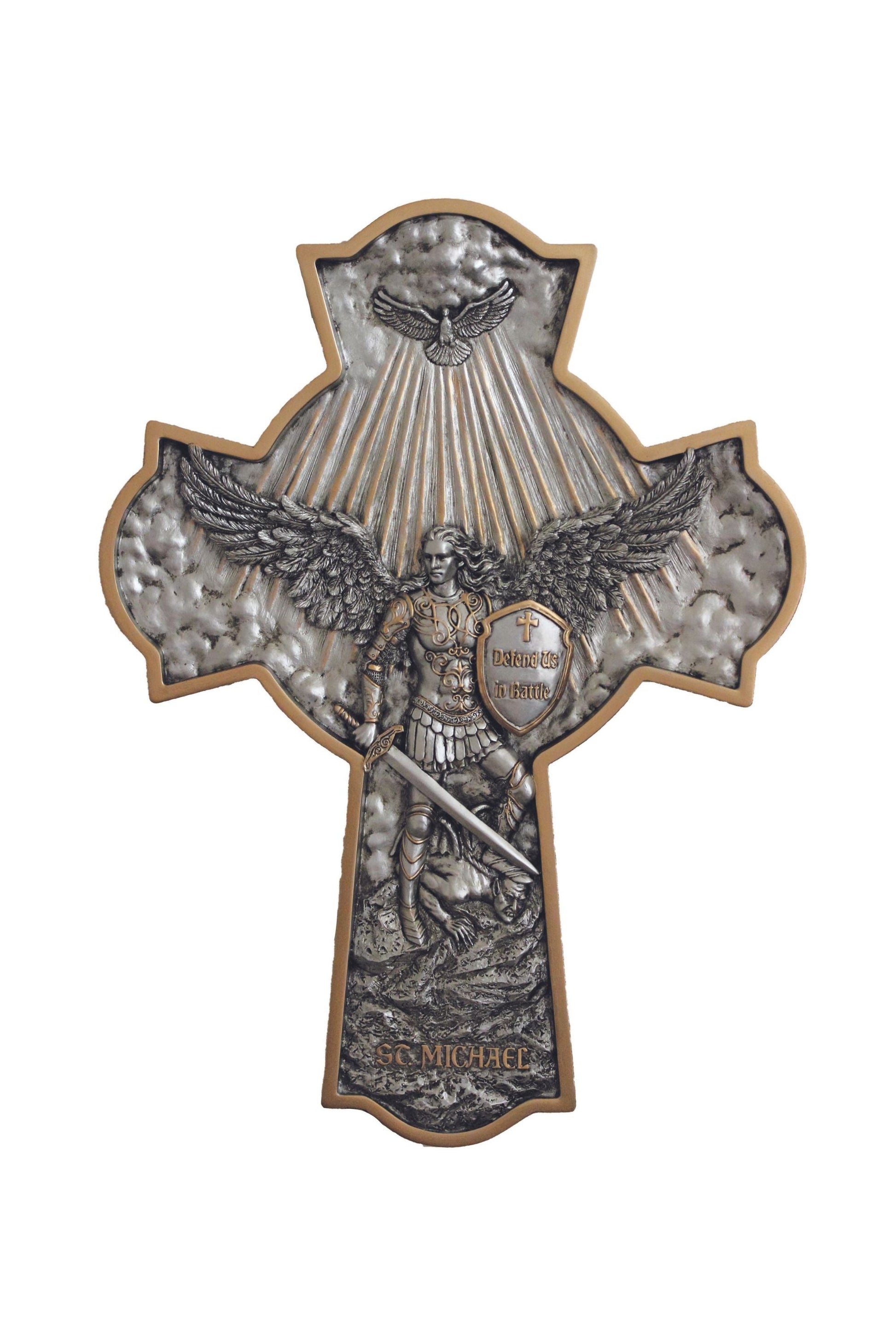St. Michael Crucifixion Plaque Pewter Style Finish 16"