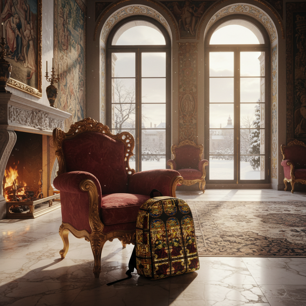 Angel of the Annunciation backpack Renaissance palace winter