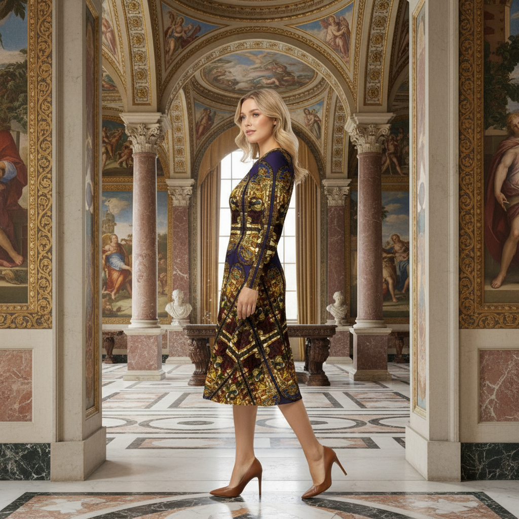 Angel of the Annunciation dress left side view with Renaissance background