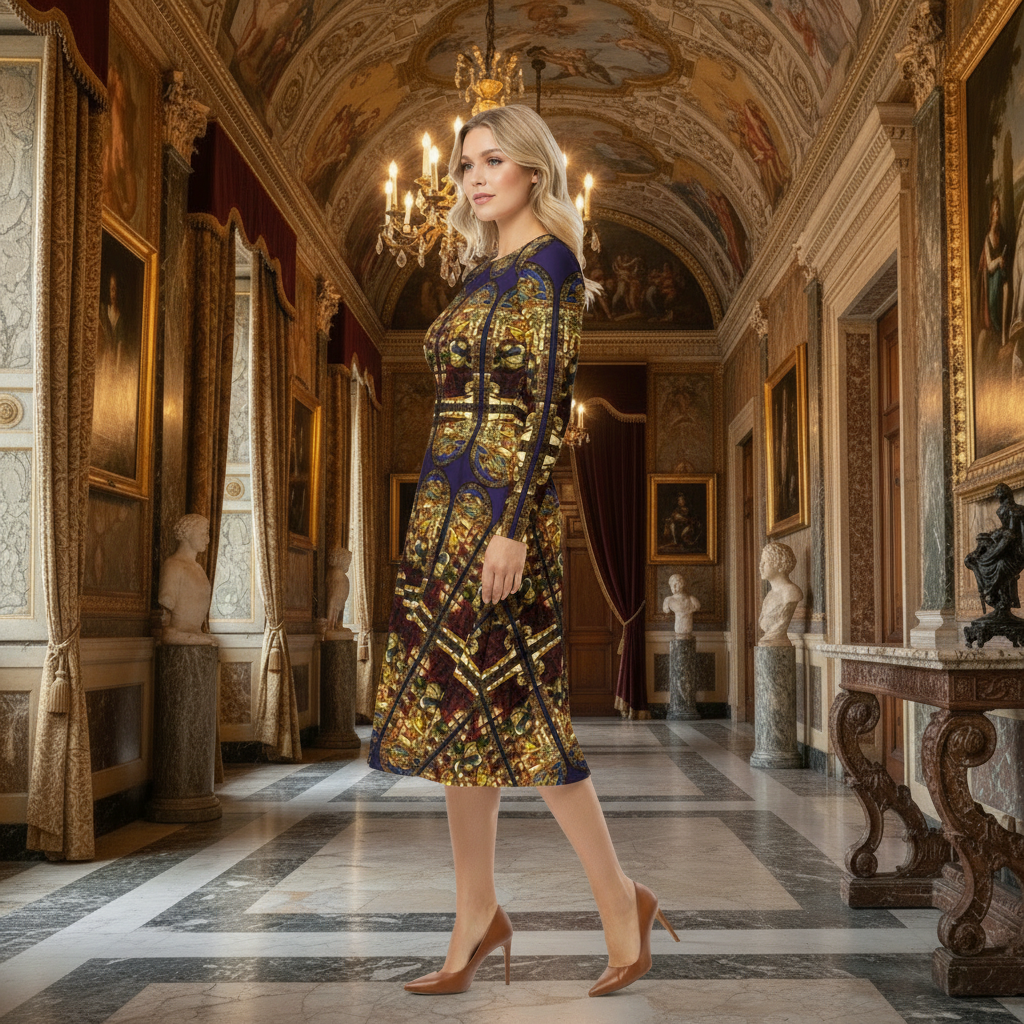 Angel of the Annunciation dress left side view with Renaissance background