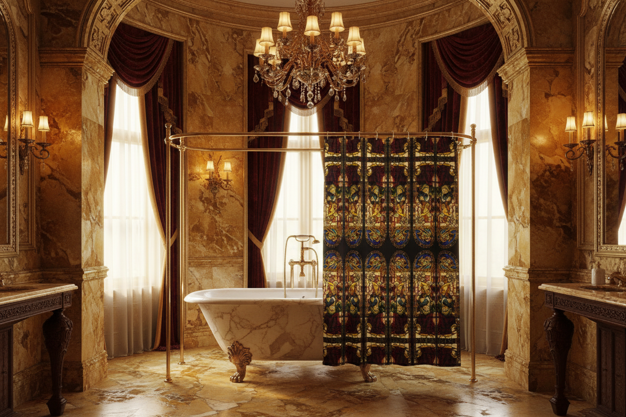 Angel of the Annunciation shower curtain with carved clawfoot tub in golden marble palace bathroom