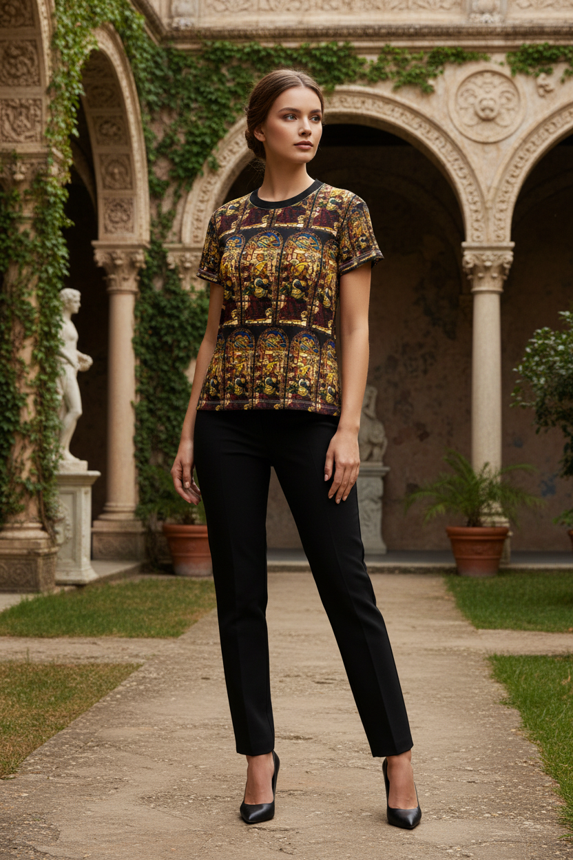 Angel of the Annunciation t-shirt with black slacks