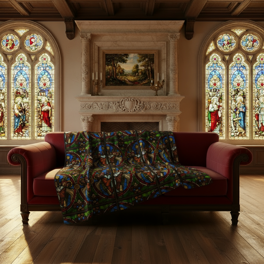 Angels Swinging Censurs blanket on sofa with fireplace and stained glass backdrop