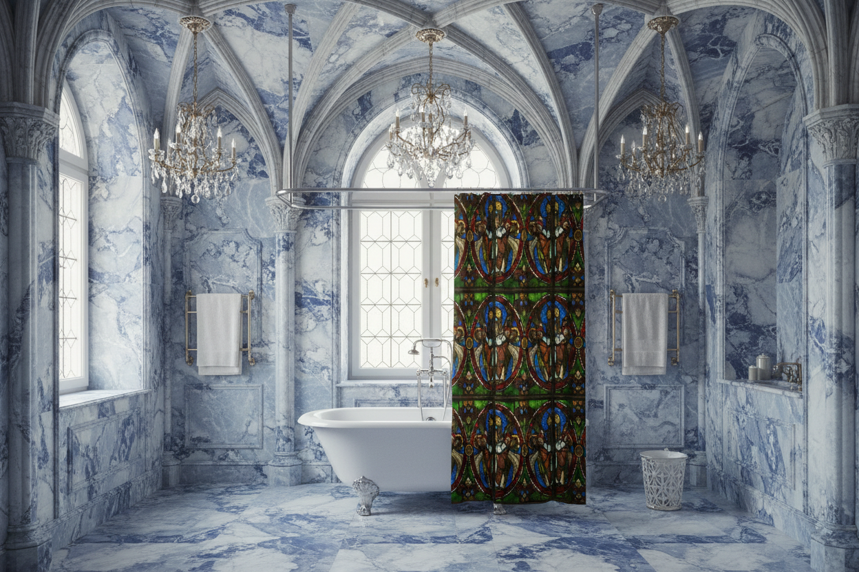 Angels Swinging Censurs shower curtain with realistic tub-shower in castle bathroom
