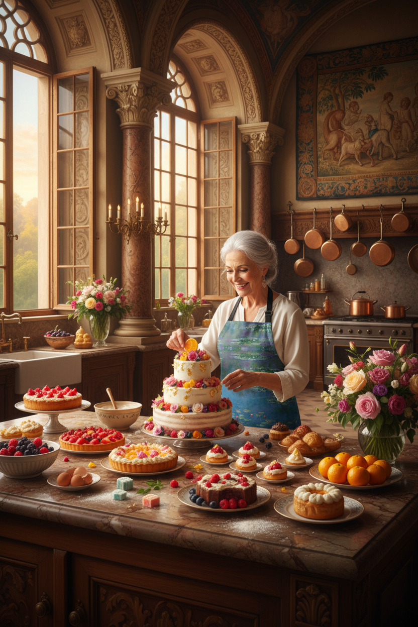 APRON - Elegant Older Woman Festive Desserts Renaissance Kitchen