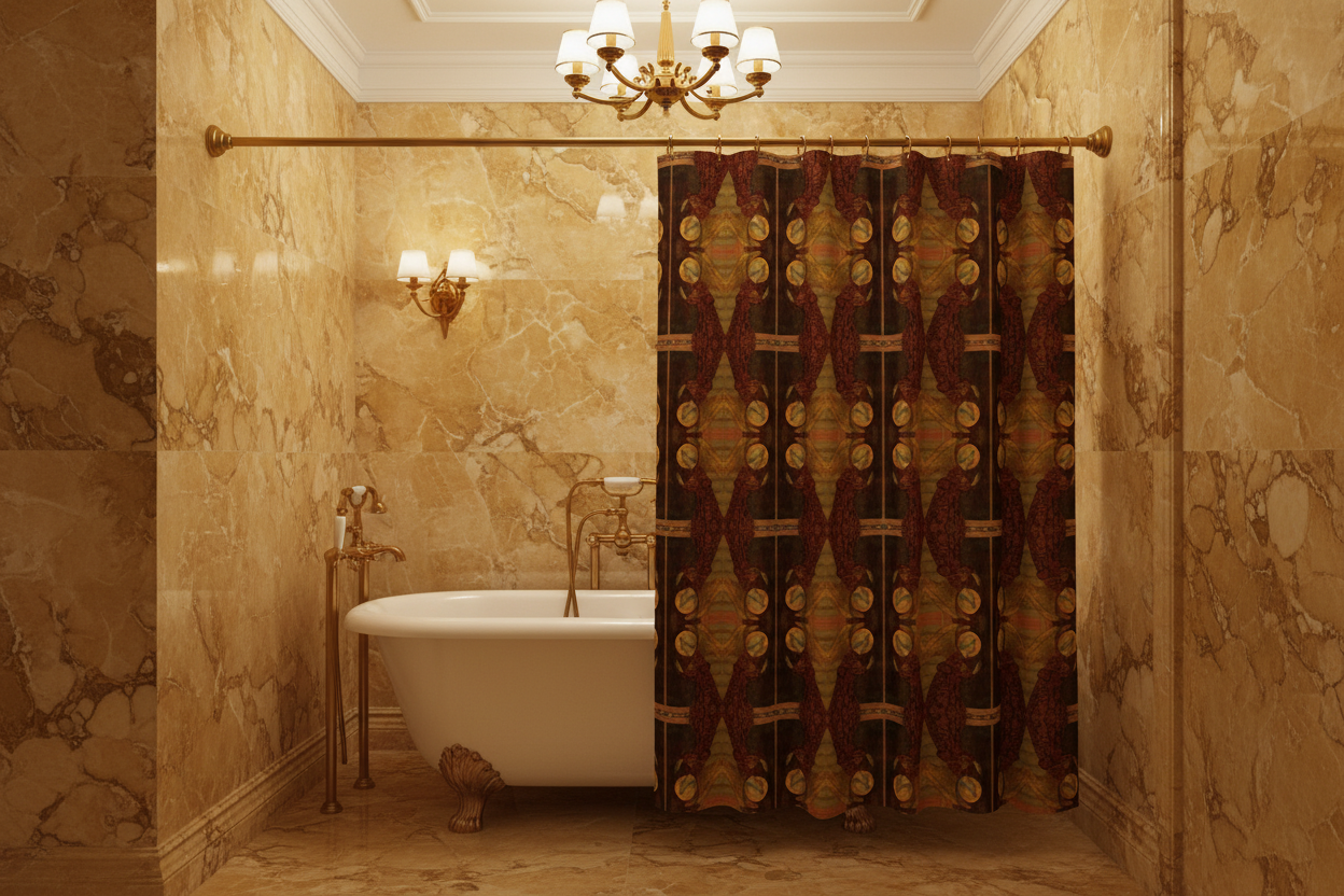 Archangel Gabriel shower curtain hanging outside tub