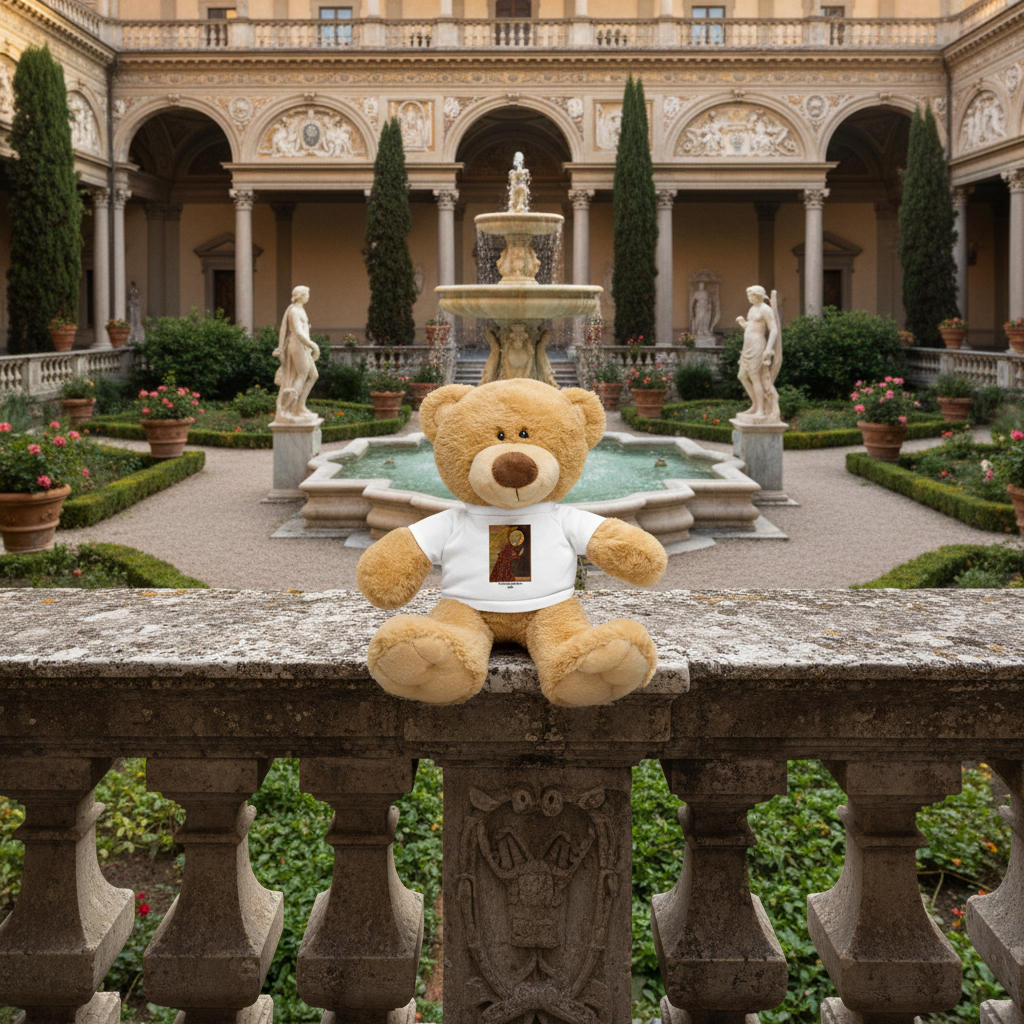 Archangel Gabriel teddy bear in Renaissance courtyard
